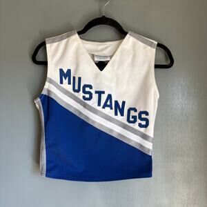 Vintage GIRLS YOUTH size 17 Blue White 'Mustangs' Retro Varsity Cheerleader Top